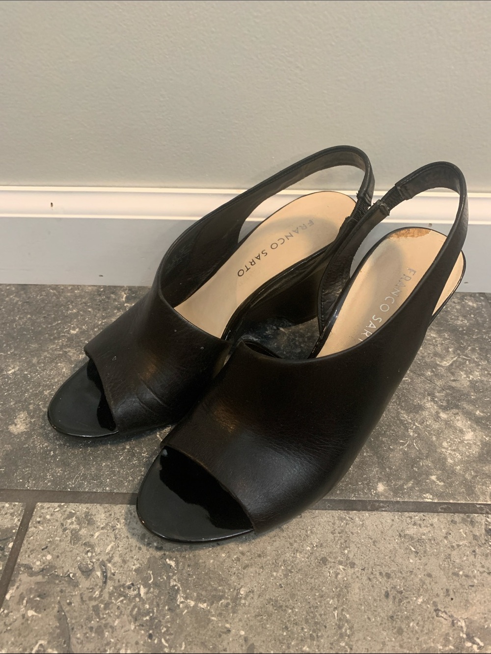 Franco Sarto Black Peep-Toe Slingback Leather Heels